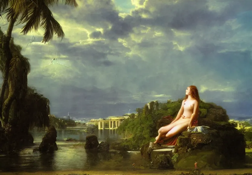 Image similar to Girl at the palace, refracted sparkles, thunderstorm, greek pool, beach and Tropical vegetation on the background major arcana sky, by paul delaroche, hyperrealistic 4k uhd, award-winning, very very very detailed