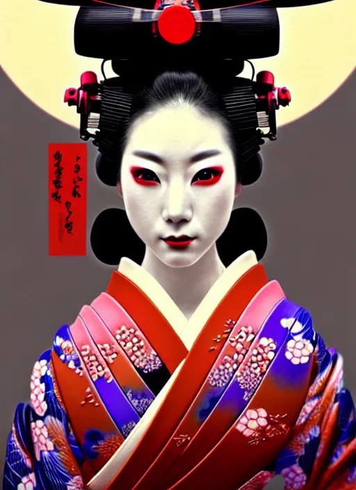 Image similar to sensual japanese geisha wearing vr eyepiece, intricate geisha kimono, robotic, android, cyborg, cyberpunk face, steampunk, fantasy, intricate, elegant, highly detailed, colorful, vivid color, digital photography, cool warm lighting, futurism, artstation, concept art, art by artgerm and greg rutkowski and ruan jia,