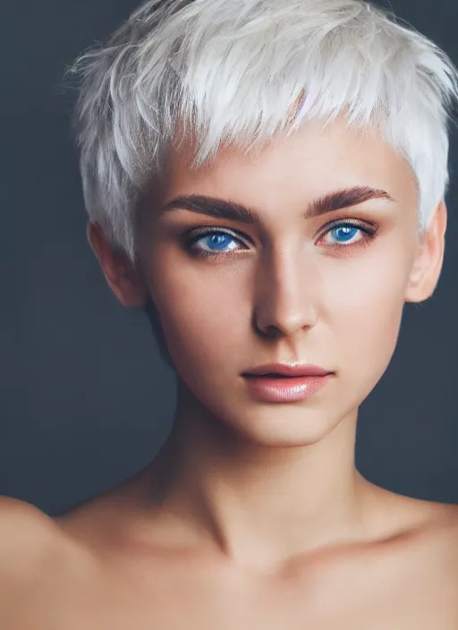 Image similar to a detailed photo of beautiful young woman, white hair, care haircut, brown eyes, symmetric face, radiant light, detailed and intricate environment