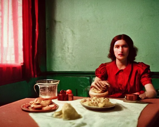 Prompt: 1 9 7 9 a soviet movie still a russian woman sitting at a table with a plate of food in dark warm light, a character portrait by nadya rusheva, featured on cg society, neo - fauvism, movie still, 8 k, fauvism, cinestill, bokeh, gelios lens