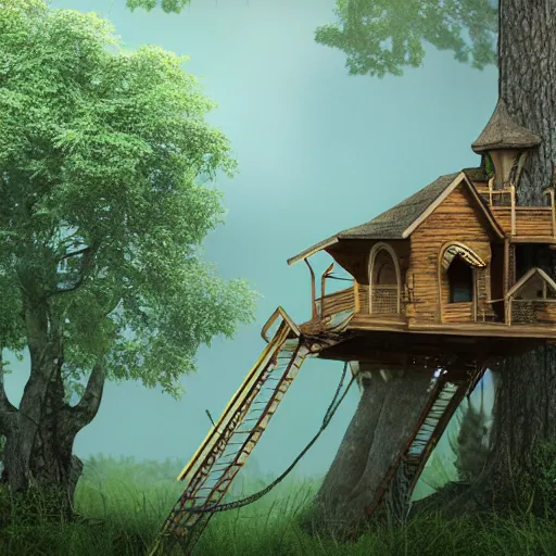 Prompt: a photorealistic dramatic fantasy render of a man building a beautiful tree house