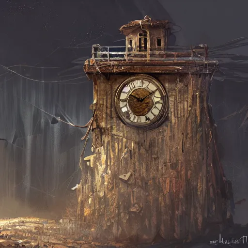 Prompt: an abandoned old,rusty, clock tower in a dark enormous cave, painting, illustration, Concept art, art station, DeviantArt