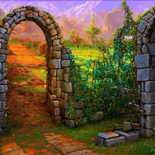 Image similar to colorful marc simonetti and Mark Keathley impasto!! acrylic painting of the slate stone gateway of a forgotten civilization. vines and creepers, stone etchings