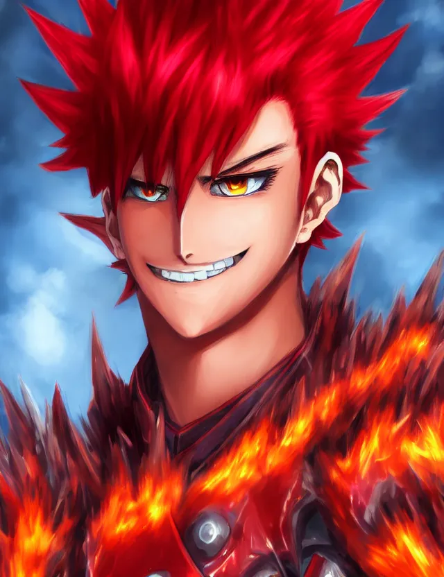 Image similar to a detailed manga portrait of an attractive tall boy with spiked crimson hair and a menacing smile in fiery crimson crystalline armour, trending on artstation, digital art, 4 k resolution, detailed, high quality, sharp focus, hq artwork, coherent, insane detail, character portrait