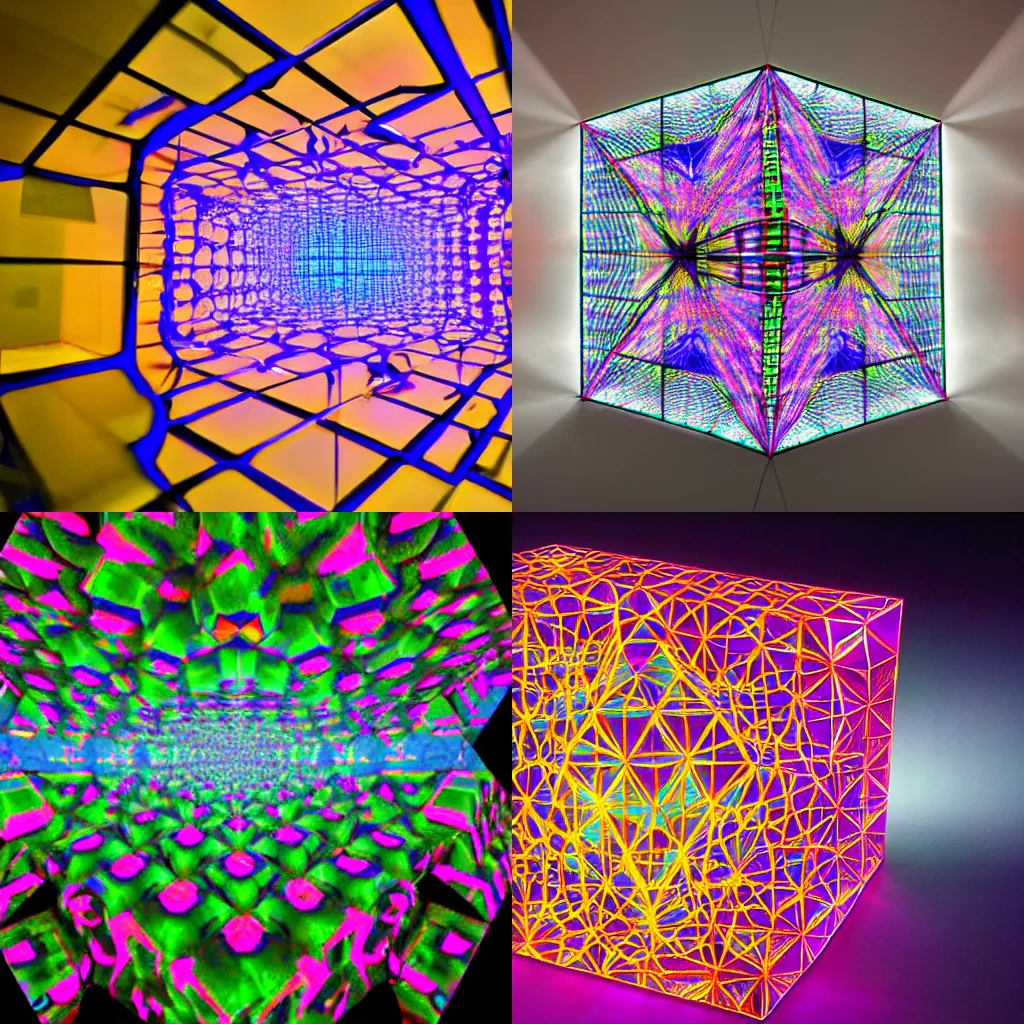 Image similar to a psychedelic fourth dimensional hypercube made of infinity mirrors