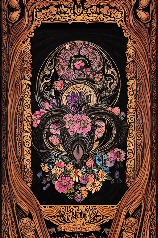 Prompt: Painted dark-wood panel relief carving of the close up of a Flowerpunk Pig, ornate border frame, explosion of colorful flowers, dark wood, intricately carved, black ink, festival of rich colors, intricate details, cinematic lighting, volumetric lighting, post-processing, art nouveau, tarot, fractal art, mandala, by andreas rocha and john howe, and Martin Johnson Heade, featured on artstation, featured on behance, golden ratio, hyper detailed, photorealistic, epic composition, center spotlight, f32, well composed, symmetrical, UE5, 8k