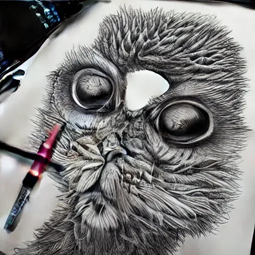 Image similar to surreal creatures drawn in ballpoint pen shading by Ronny Khalil