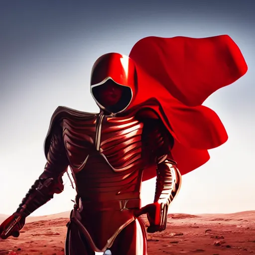 Prompt: tall muscular infantry man in glossy sleek white armor with a few red details and a long red cape, heroic posture, on the surface of mars, night time, dramatic lighting, cinematic, sci-fi, hyperrealistic, movie still