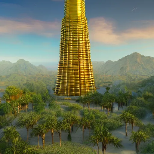 Image similar to photo of vertical golden tower, stacked ancient village, arid mountains and lush palm forest, photo realism, sharp focus, octane, golden hour