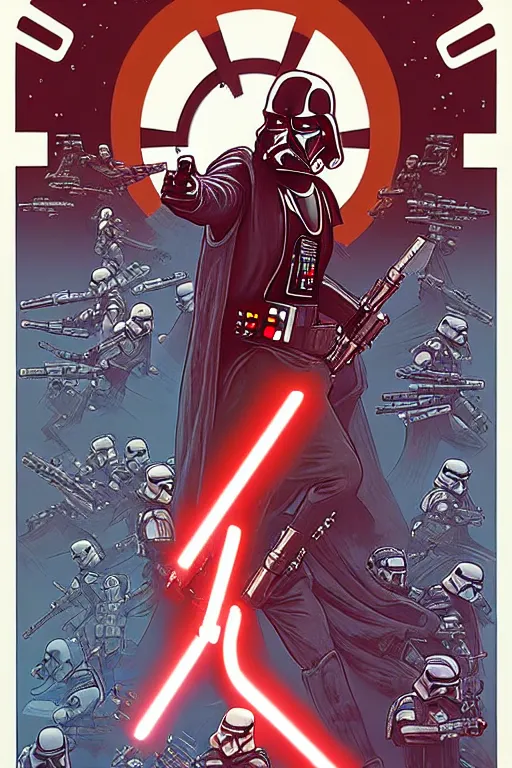 Image similar to platonic ideal of han solo, luke skywalker, detailed stormtroopers, darth vader wearing a long flowing cape, action pose, intricate, volumetric lighting, moebius, geof darrow, dan mumford, alphonse mucha, movie poster,