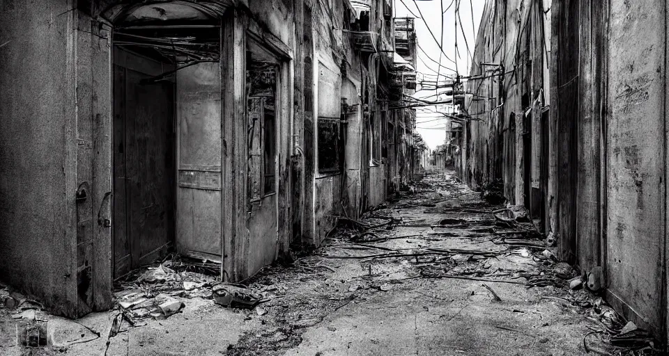 Image similar to ghost in an abandoned alleyway, photograph by greg girard.