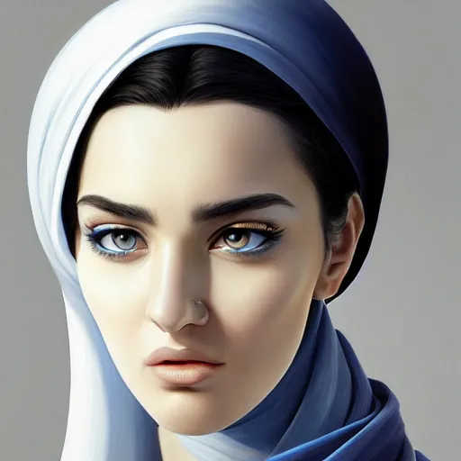 Image similar to greek ameera al taweel , blue eyes, black hair, beautiful face, white viel, Hyper-realistic, Highly Detailed, HD, by Brom, by beeple, studio ghibli, wallpaper, highly detailed, trending on artstation