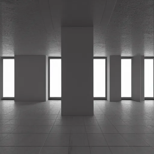 Image similar to symmetry, parallel perspective with center end point, parallax mapping of brutalist room, by maurits cornelis escher, octane render, high quality