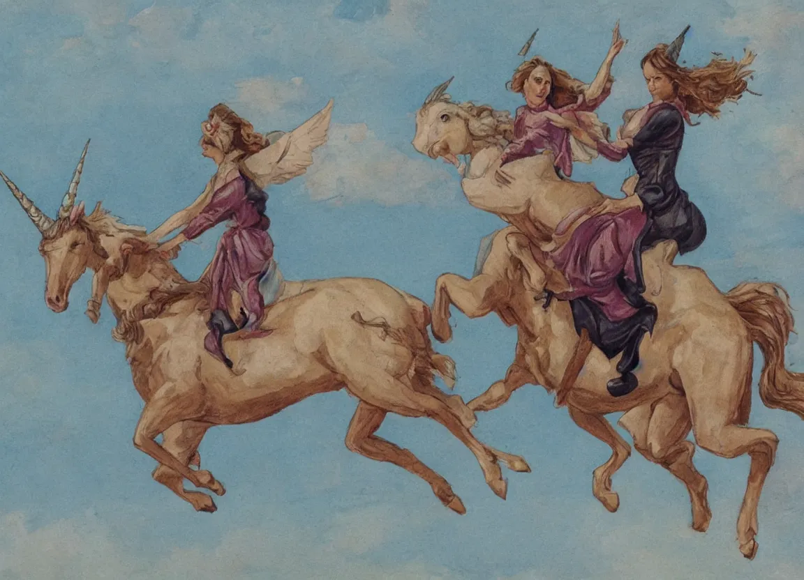 Image similar to woman riding a flying unicorn