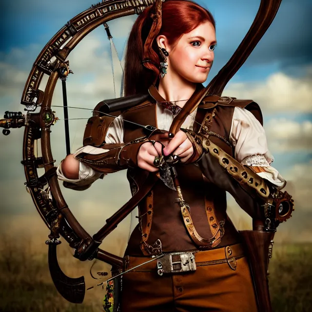 Image similar to steampunk archer, 4 k, hdr, smooth, sharp focus, high resolution, award - winning photo, anne stokes, photorealistic