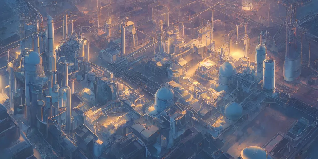 Image similar to aerial view of a combined cycle powerplant, masterpiece, mattepainting concept blizzard pixar maya engine on cold night stylized background splash comics global illumination lighting artstation lois van baarle, ilya kuvshinov, rossdraws