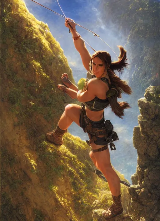 Image similar to Lara Croft climbing a rock, golden hour, Lilia Alvarado, Sophie Anderson, Mark Arian, Bob Byerley, Charlie Bowater, Mark Brooks, Steve Henderson, Justin Gerard, Arthur Hughes, Edward Robert Hughes, Mark Keathley, Victor Nizovtsev, Carlos Shwabe, Ross Tran, WLOP