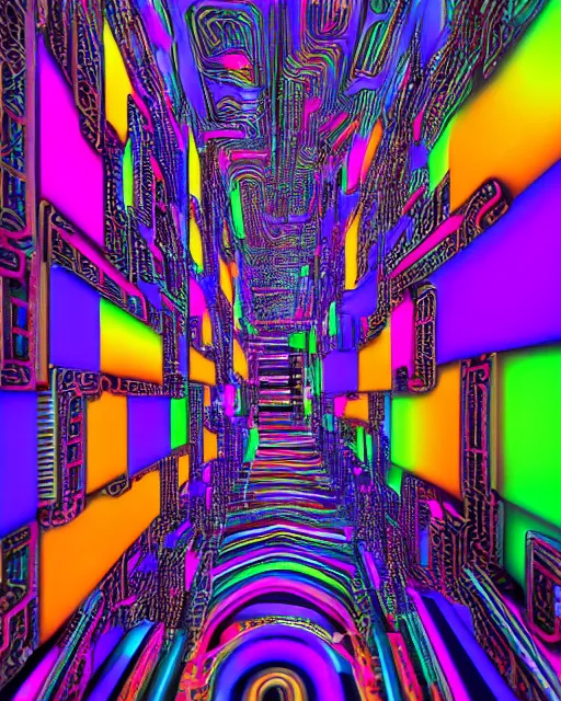 Prompt: intricate maze of rainbow-colored circuitry that extends into the distance. volumetric light , Highly detailed perfectly symmetrical , PBR , high detail,8k resolution , hyper quality , high resolution , hyper quality , high resolution , Octane render , IMAX 3D