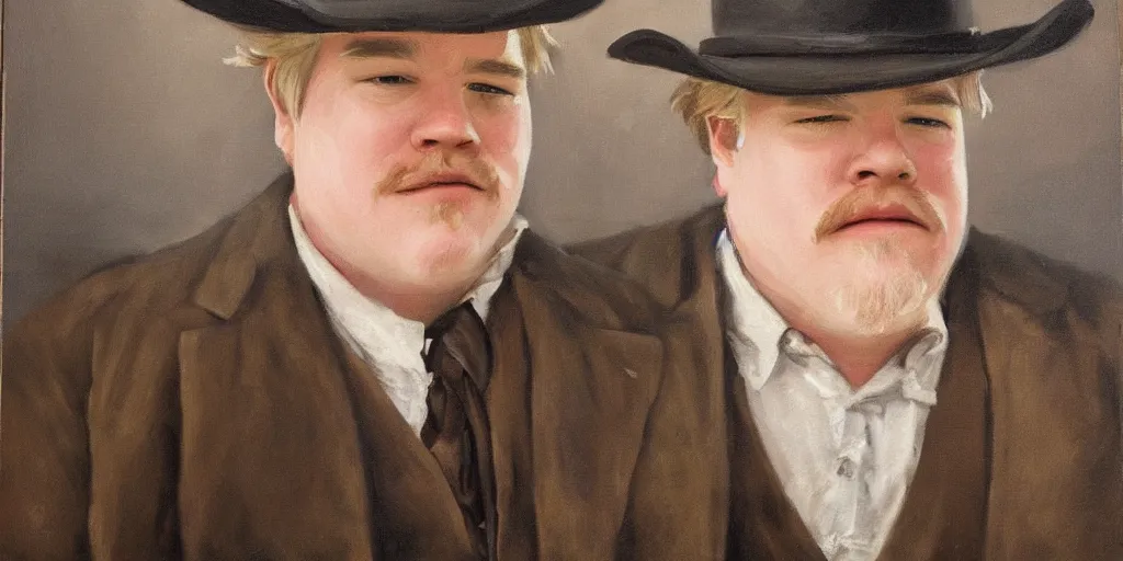 Prompt: oil painting portrait of Phillip Seymour Hoffman as an old west banker in a busy old west town