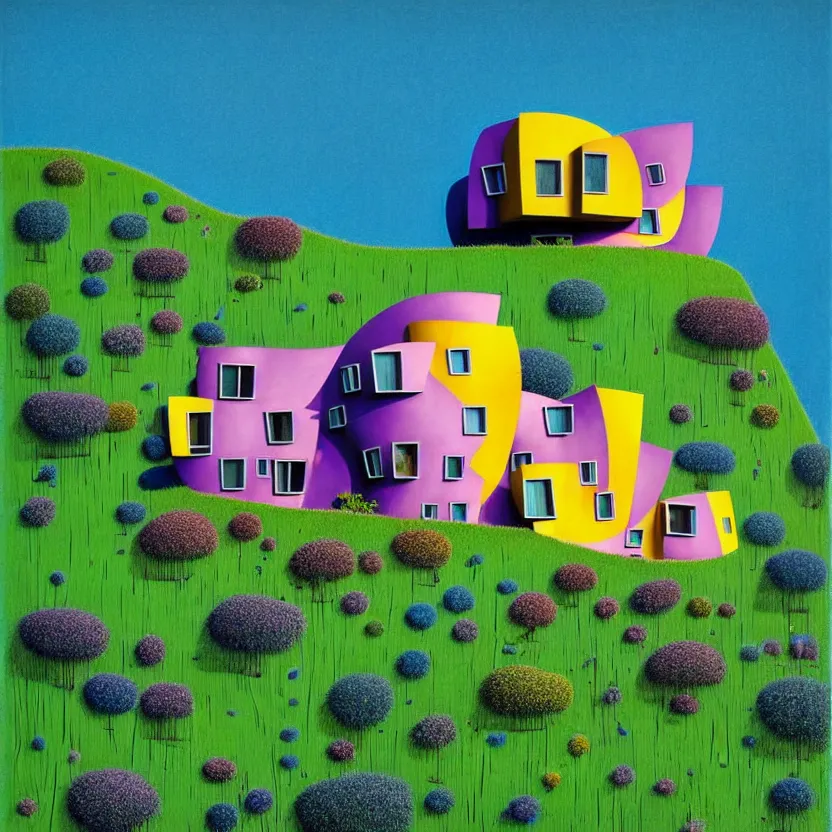 Image similar to surreal glimpse into other universe, a house by frank gehry on an island, summer morning, very coherent and colorful high contrast, art by!!!! gediminas pranckevicius!!!!, geof darrow, floralpunk screen printing woodblock, dark shadows, hard lighting, stipple brush technique,