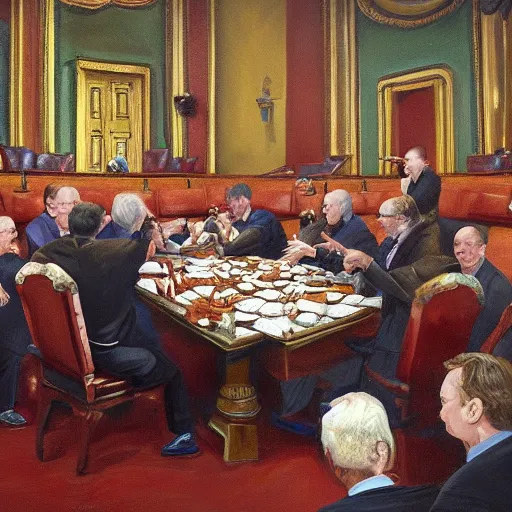 Prompt: oil painting of us senators devouring bones in the Senate chamber