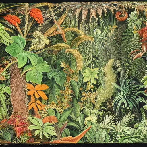 Image similar to jungle scene, leaves, vines, flowers, intricate details, volumetric lighting, vivid colors, panorama, Artwork by Ernst Haeckel + Maria Sibylla Merian