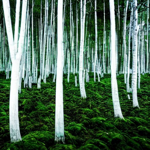 Image similar to Looking at the forest floor, An indigo forest in Japan, dark, midnight, ghostly white trees