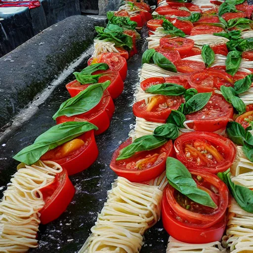Prompt: an italian town made of pasta, tomatoes, basil and parmesan