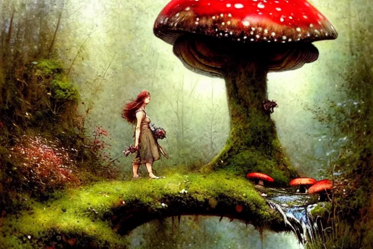 Image similar to adventurer ( ( ( ( ( 1 9 5 0 s retro future forrest of giant mushrooms, moss and flowers, stream with bridge. muted colors. ) ) ) ) ) by jean baptiste monge!!!!!!!!!!!!!!!!!!!!!!!!! chrome red