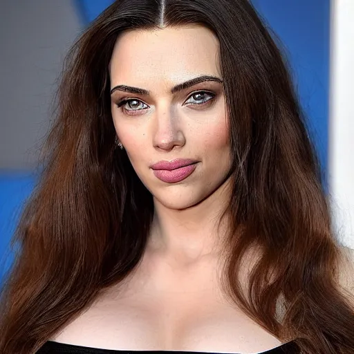 Image similar to a woman who is a genetic combination of kim kardashian and kat dennings and scarlett johansson and margot robbie and emma watson, face and upper - body focus