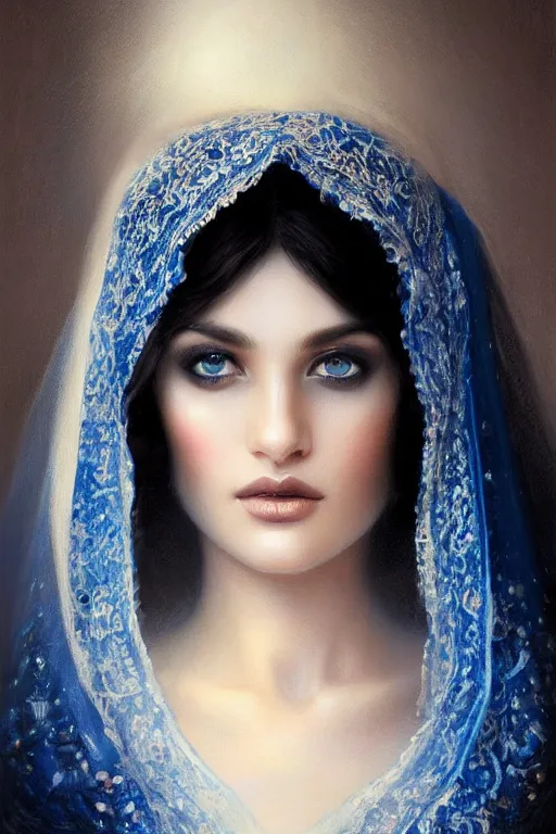 Image similar to arab Ameera al-Taweel, bright blue eyes, black hair, simple white veil, closeup, focus face, elegant, highly detailed, centered, oil painting, artstation, concept art by tom bagshaw