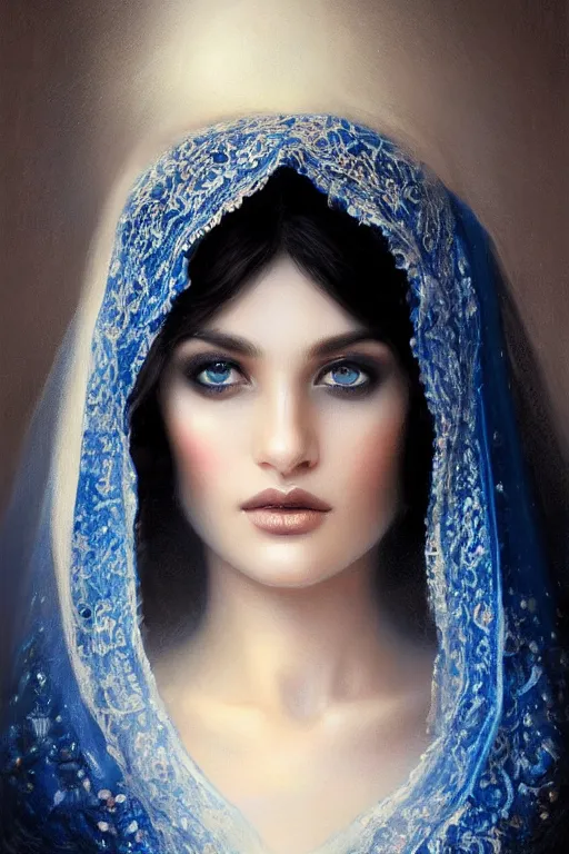 Prompt: arab Ameera al-Taweel, bright blue eyes, black hair, simple white veil, closeup, focus face, elegant, highly detailed, centered, oil painting, artstation, concept art by tom bagshaw