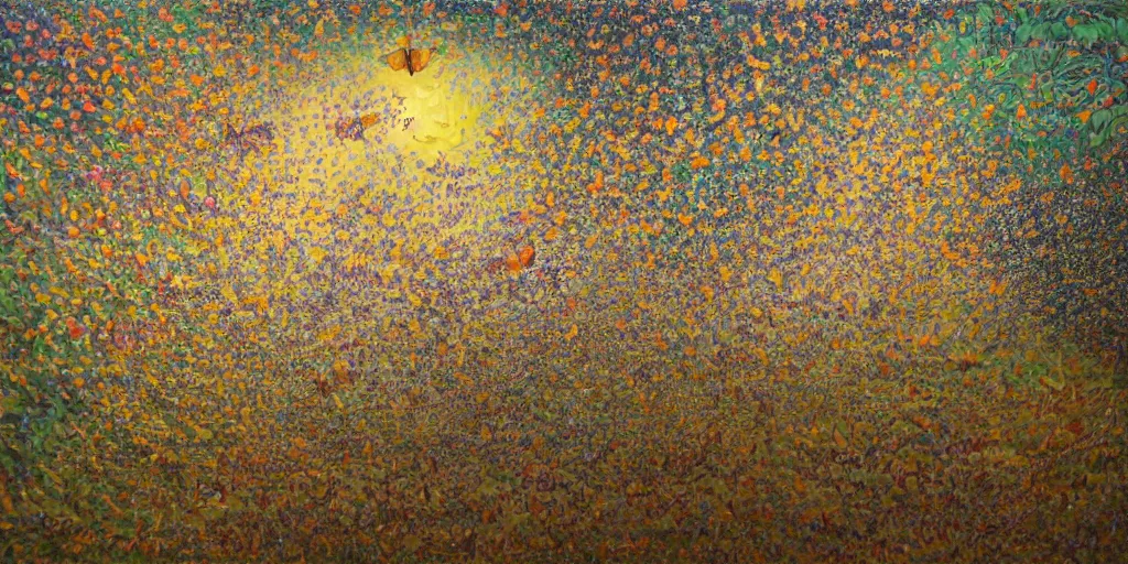 Prompt: extremely detailed oil painting of a swarm of butterflies flying over the canopy of an enchanted mushroom forest, 8 k, award - winning