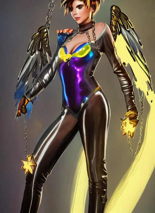 Image similar to portrait digital artwork of tracer overwatch, wearing iridescent rainbow latex and leather straps catsuit outfit, in style of mark arian, angel wings, dramatic painting, wearing detailed leather collar, chains, black leather harness, detailed face and eyes,