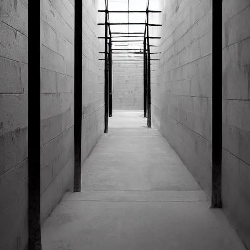 Prompt: dystopian underground prison, minimalist, stunning, light and shadows