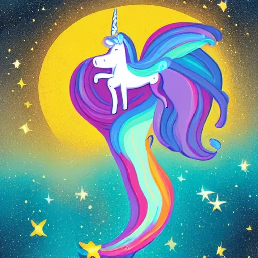 Image similar to a unicorn with a mermaid tail floating in space