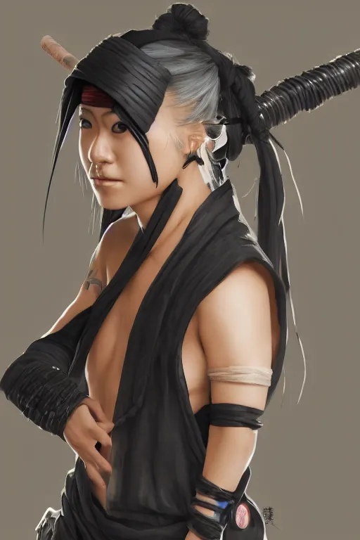 Image similar to native japanese young woman dressed like shinobi ninja, focused stare, partially masked, highly detailed, photobash, photorealistic render, trending on artstation, character design, cinematic lighting