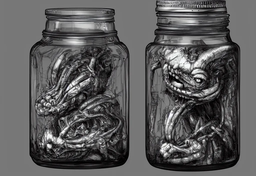 Image similar to Photorealistic miniature monster inside a jar on clean background by H.R. Giger, KDA and Sam Yang, trending on artstation