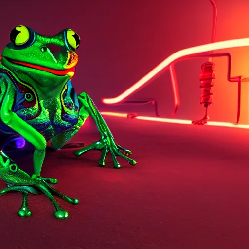 Prompt: a biomechanical cybertronic frog, large neon glowing eyes, futuristic, octane render