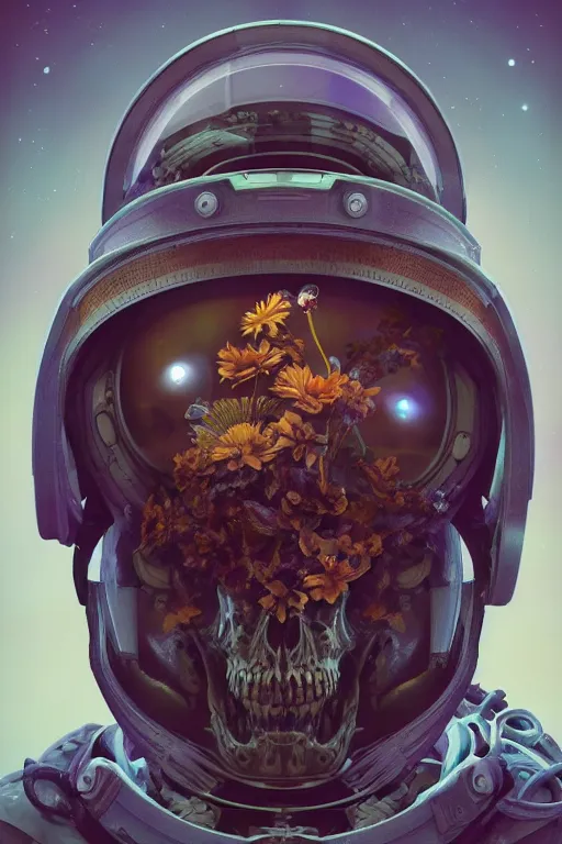 Prompt: subsurface scattering, biomechanical skull astronaut with flowers coming out of the helmet, rhizomorphs, cosmos, octane render, dramatic lighting, maxfield parrish, james jean, gustave dore, giger, beeple, 8 k, very coherent, trending on artstation