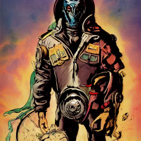 Prompt: illustration of scientist in cyborg mask wearing baggy colorful 9 0 s rick owens jacket by frank frazetta. sci fi book cover.