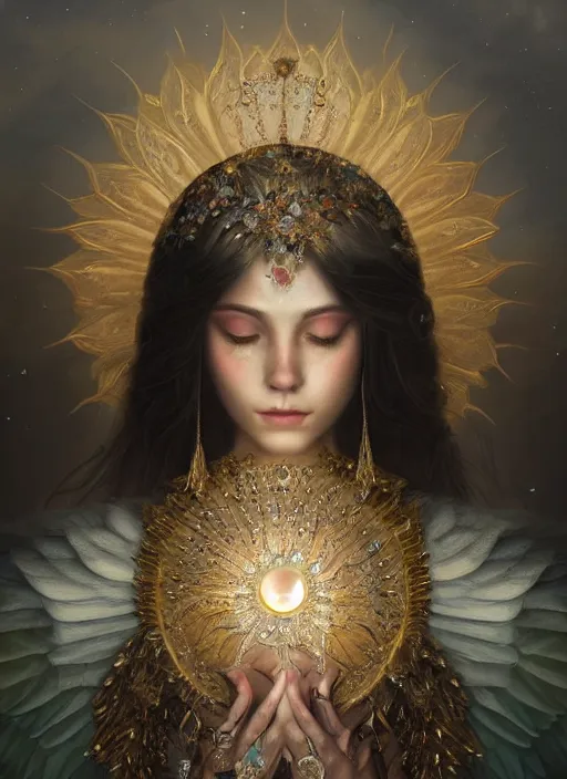 Image similar to A beautiful digital painting of a female Seraphim full of jewels, princess, the moon behind her, intricate, cinematic lighting, highly detailed, digital painting, Artstation, concept art, smooth, sharp focus, illustration, art by Tom Bagshaw, Artgerm and Greg Rutkowski