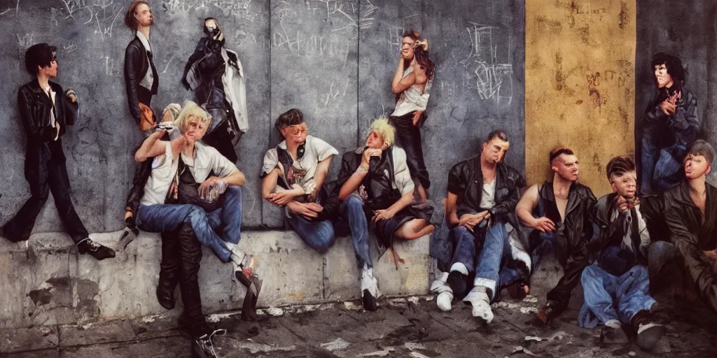 Prompt: beautiful oil matte portrait painting, 8 0 s punks sitting on top of the berlin wall drinking beer, wonderful masterpiece highly detailed, beautiful cinematic light deep focus, elegant, digital painting, smooth, sharp focus, golden ratio, dramatic illumination, ultra realistic, 8 k, art by jimmy law