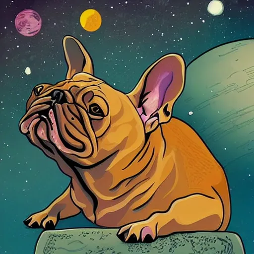 Prompt: french bulldog in space, inspired by René Laloux, Dan Mumford