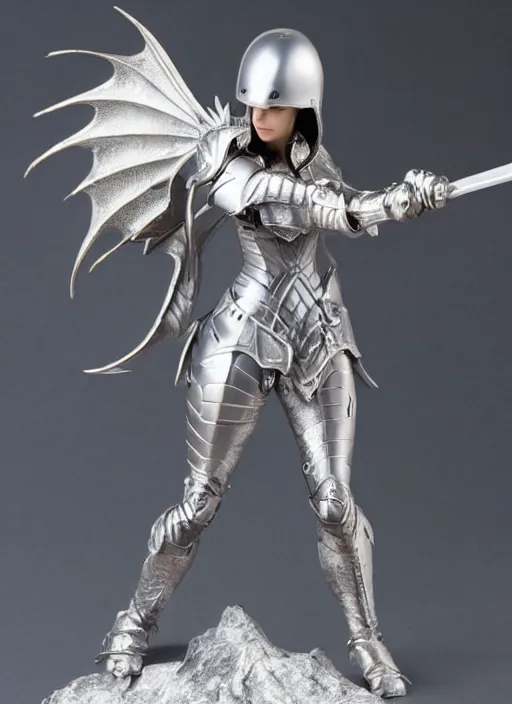 Prompt: 80mm, resin detailed model figure of a female wearing a silver dragon armor without helmet