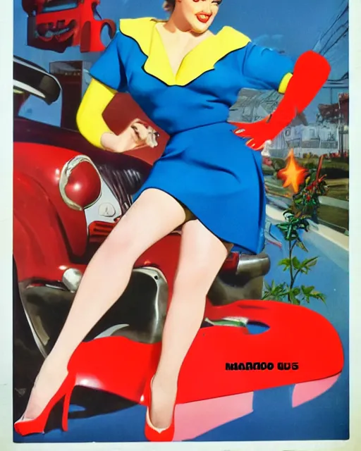 Prompt: mario, 1 9 5 0 s pinup, retro futurism