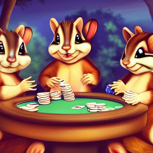 Prompt: three chipmunks sitting in a beautiful garden at a winery in heaven, tasting wine and eating cheese, while playing poker, digital art animation, highly detailed, elegant, 4 k