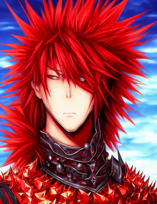 Image similar to a detailed manga portrait of a handsome tall man with spiked crimson hair in fiery crimson crystalline armour, trending on artstation, digital art, 4 k resolution, detailed, high quality, sharp focus, hq artwork, coherent, insane detail, character portrait