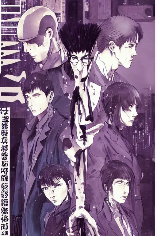 Image similar to professionally drawn seinen mature cyberpunk detective horror action manga comic cover, full color, beautifully drawn coherent professional, drawn by ilya kuvshinov!, satoshi kon, kentaro miura, dave mckean, tsutomu nihei. japanese script kanji hiragana on the cover. minimalist stylized cover art. purple indigo blue cel shaded