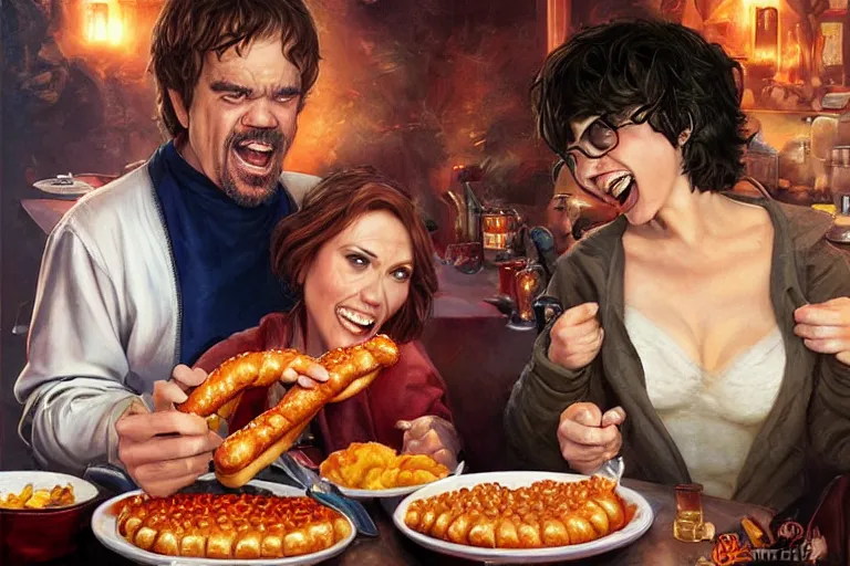 Image similar to portrait of peter dinklage sharing hotdogs with scarlett johansson, an oil painting by ross tran and thomas kincade